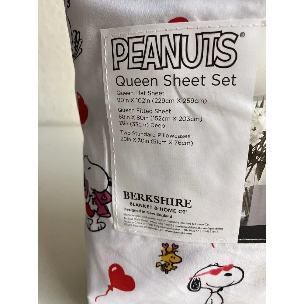 Peanuts Snoopy Woodstock Heart Balloon Valentines QUEEN Size‎ Sheet Set Soft NEW